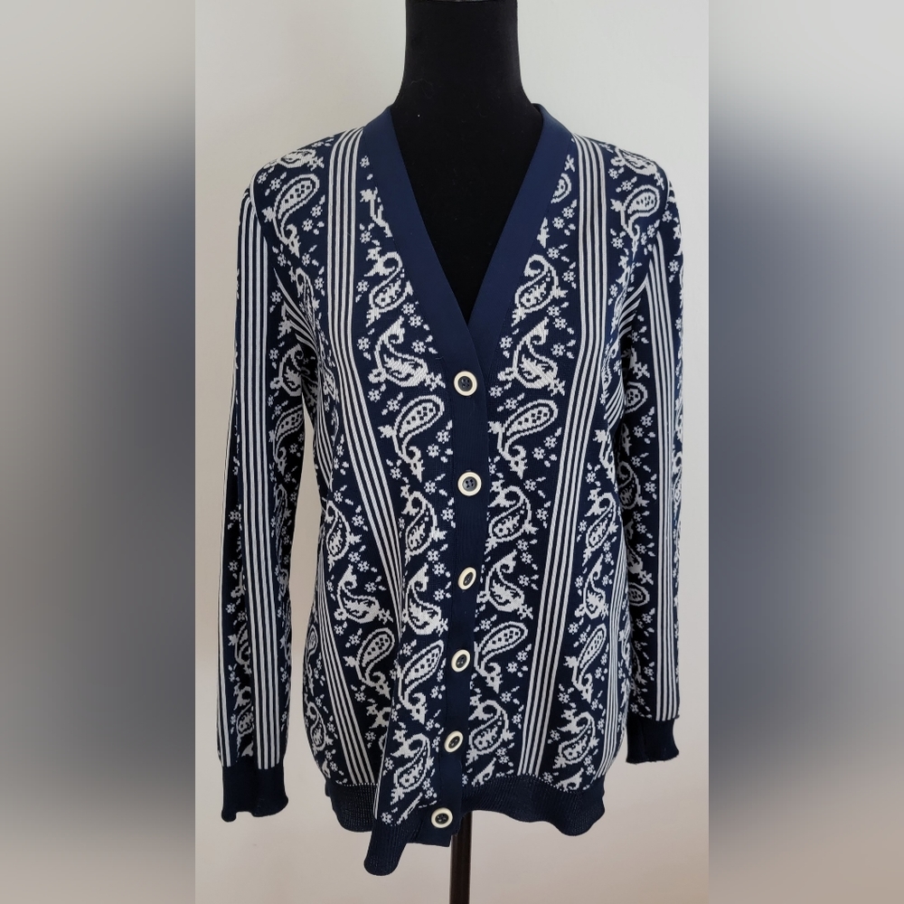 Vtg James Kenrob Navy Paisley Cardigan Blue &White Stripes & Flowers Women's M/S